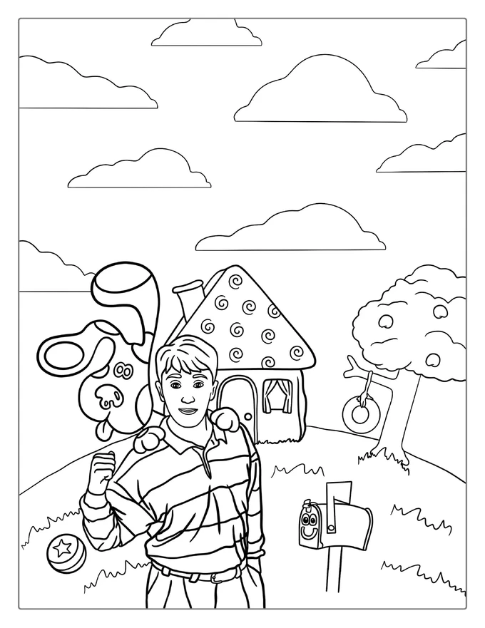 Steve And Blue In Front Of House Coloring Page