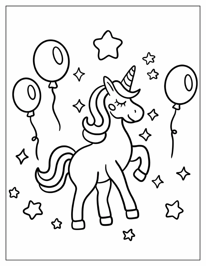 Sassy Unicorn Trotting With Stars And Balloons In The Background