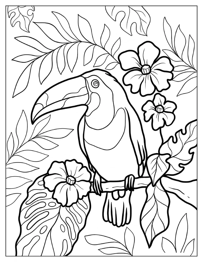 Realistic Toucan Perched On Branch With Flowers