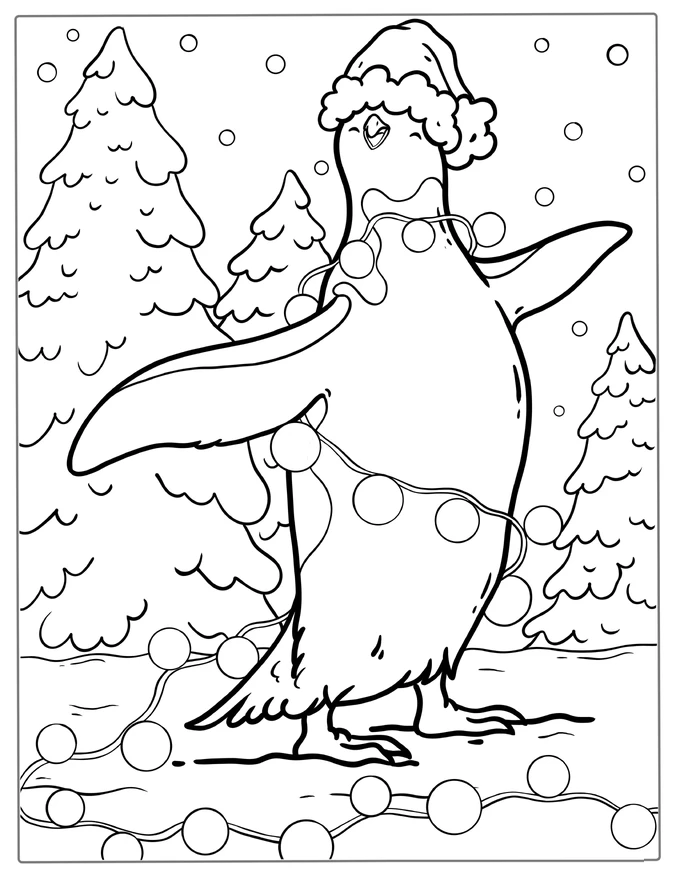 Cute Christmas Penguin With Decorations Coloring