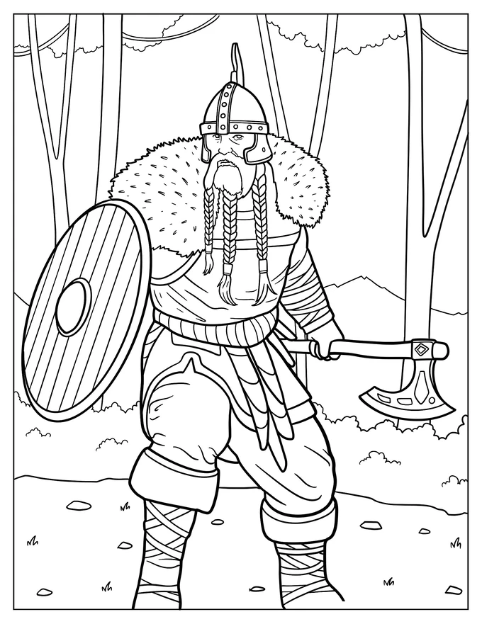 Viking With Braided Beard, Axe, And Shield In The Forest Coloring Page