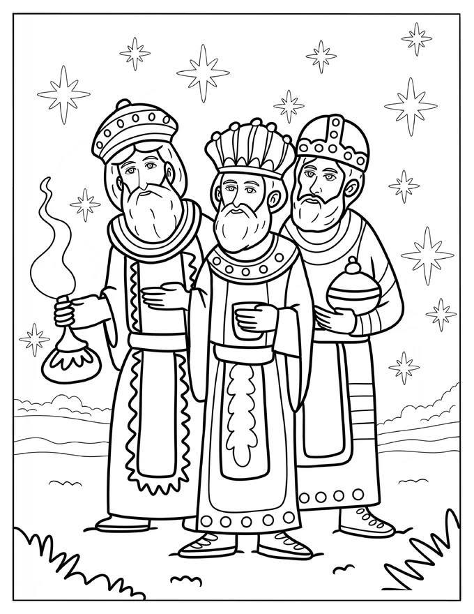 The Three Wise Men Carrying Gifts Coloring Page