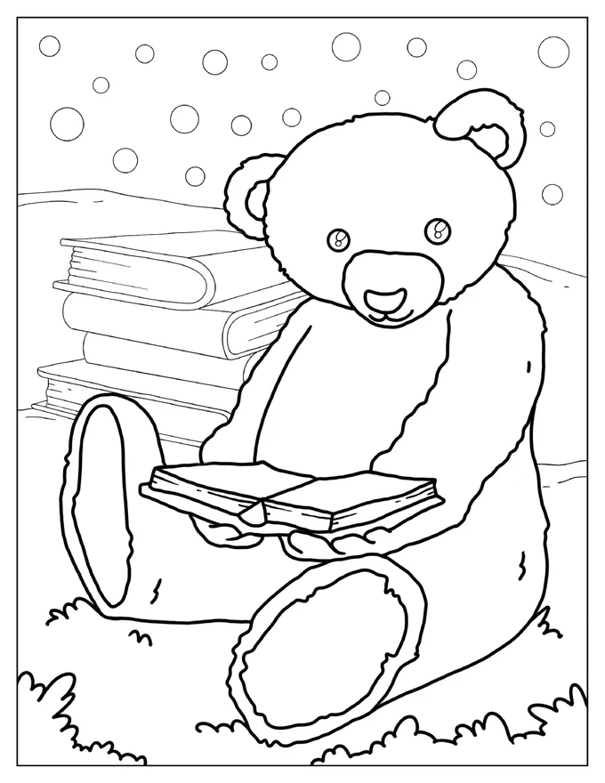 Teddy Bear Reading Books Coloring Page