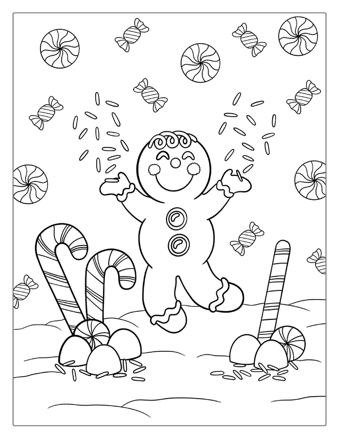 Happy Gingerbread Man With Candy Canes To Color