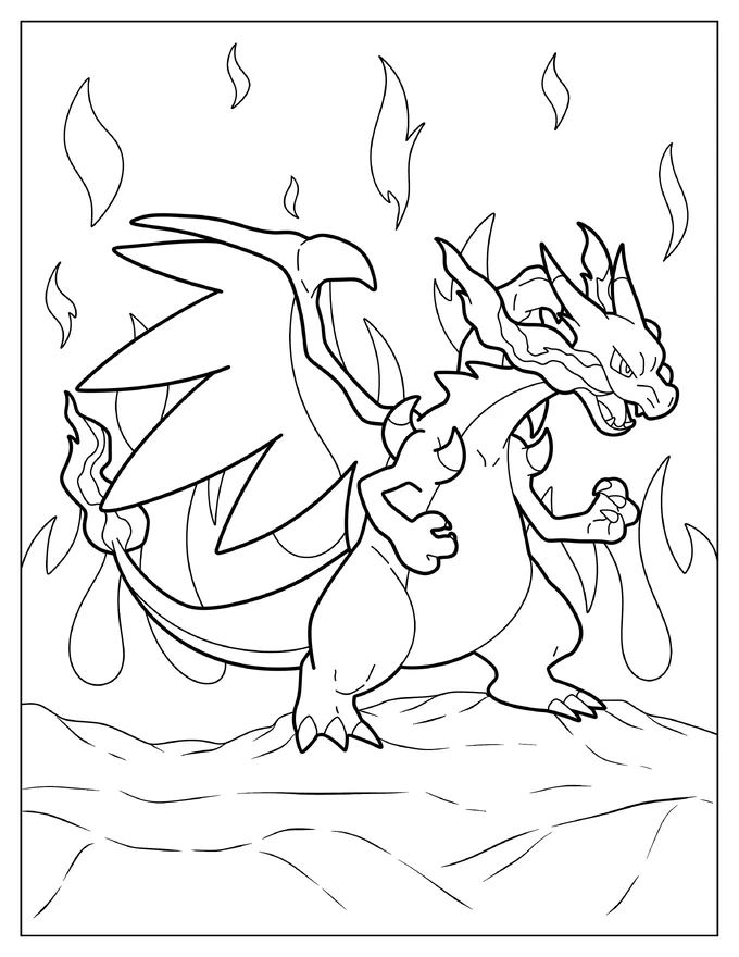 Mega Charizard X Breathing Fire Coloring Page