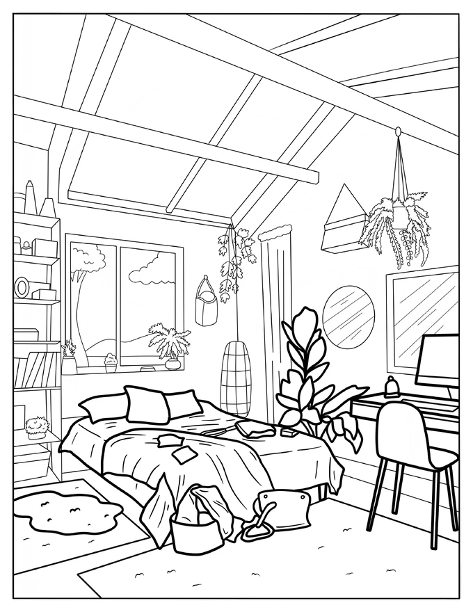 Cozy Bedroom With Hanging Plants, Books, And Vanity Coloring Page