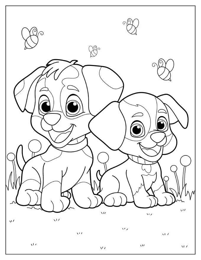 Cartoon Dogs In Lawn Coloring Page