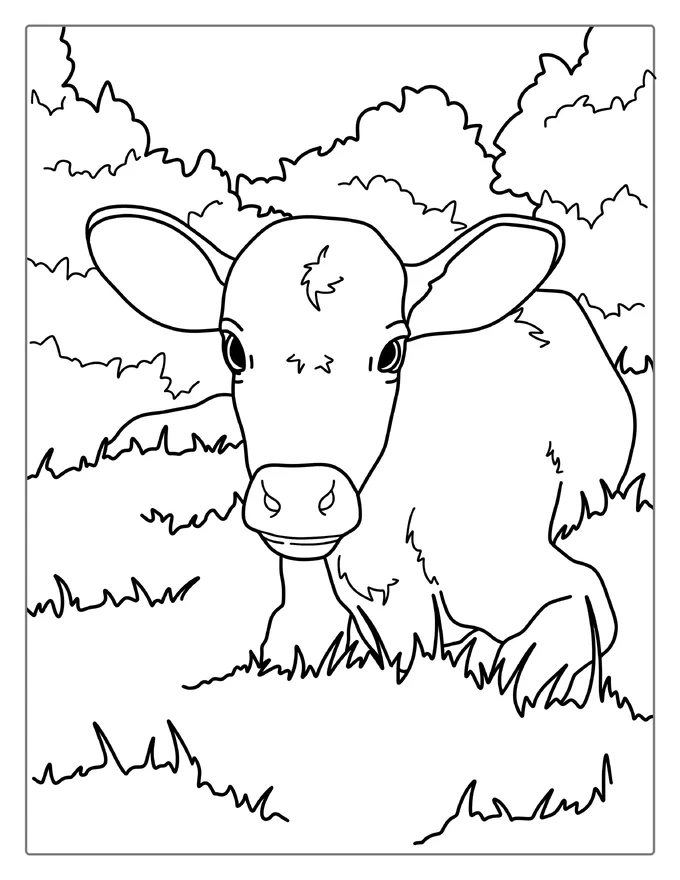 Baby Cow Resting In Grass Coloring Page