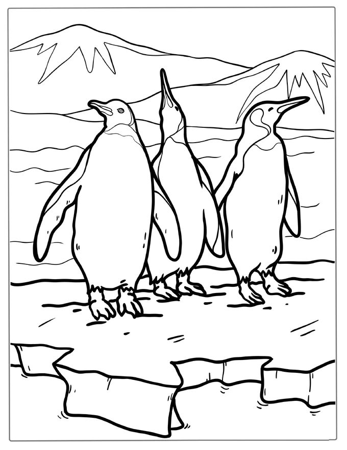 3 Emperor Penguins On Ice Coloring Page