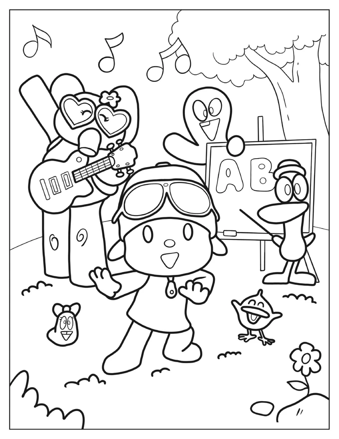 Coloring Page Of Pocoyo and Friends Dancing