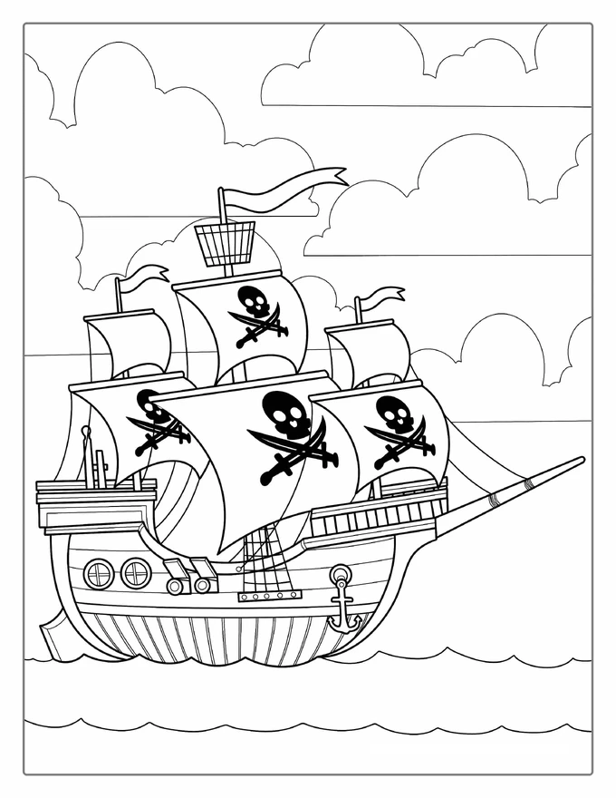 Pirate Ship With Multiple Sails On The Ocean