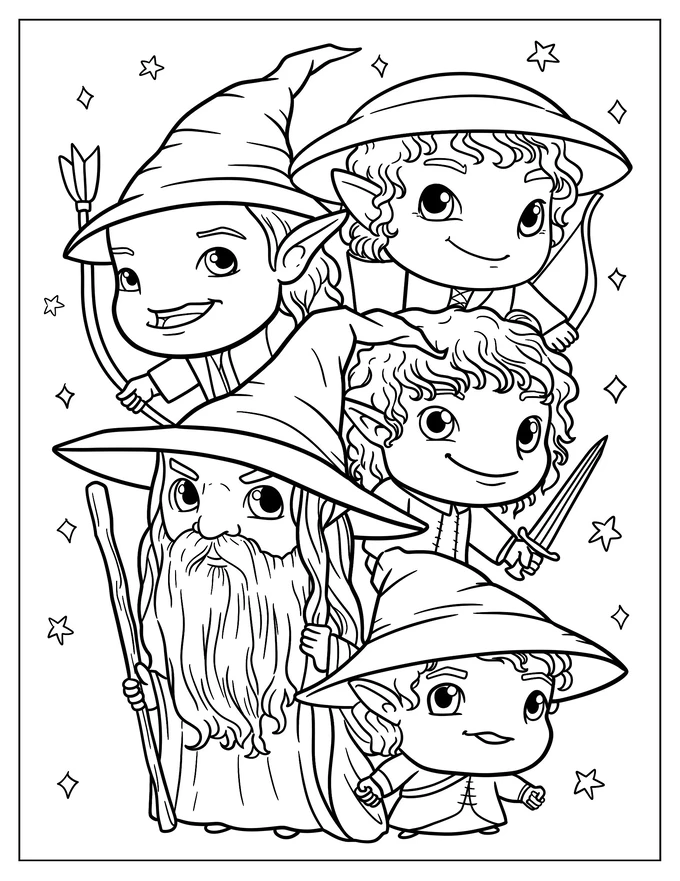 Chibi Gandalf With Hobbits Coloring Page For Preschoolers