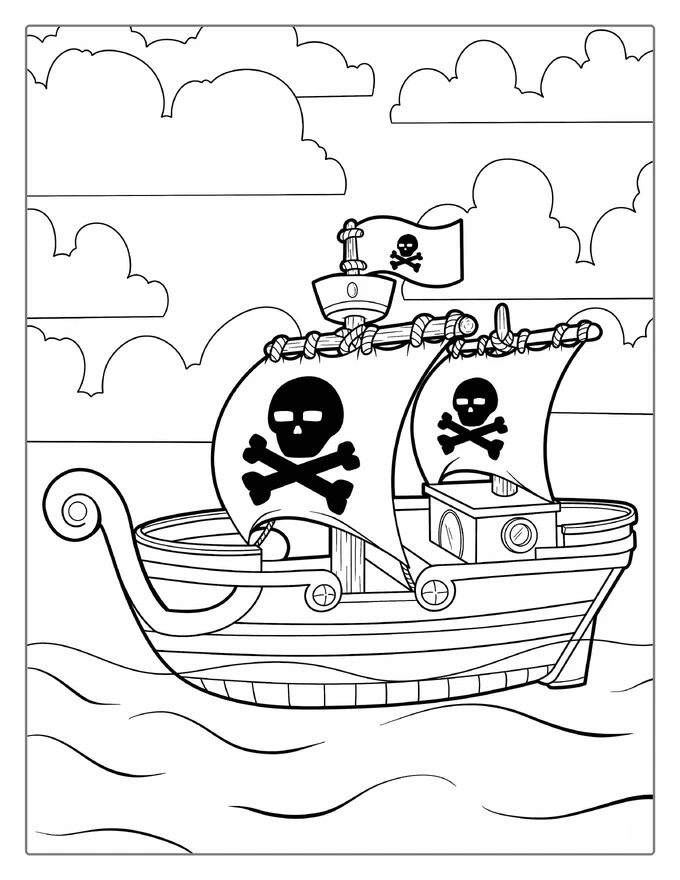 Pirate Ship With Skull And Bones Coloring Page