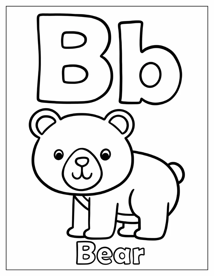 Simple Letter B With Cute Bear Coloring Page For Kids