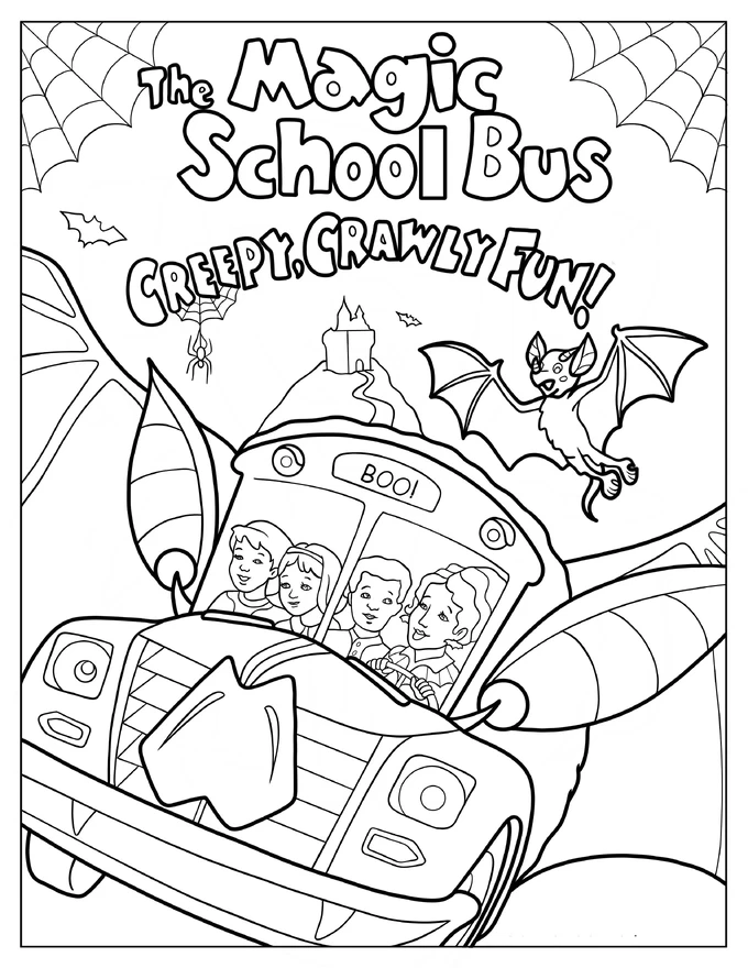 Halloween Magic School Bus With Ms. Frizzle, Ralphie, Anne, And Tim Coloring Page