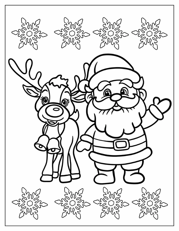 Cute Santa Waving With Rudolph Beside Him Coloring Page For Kids