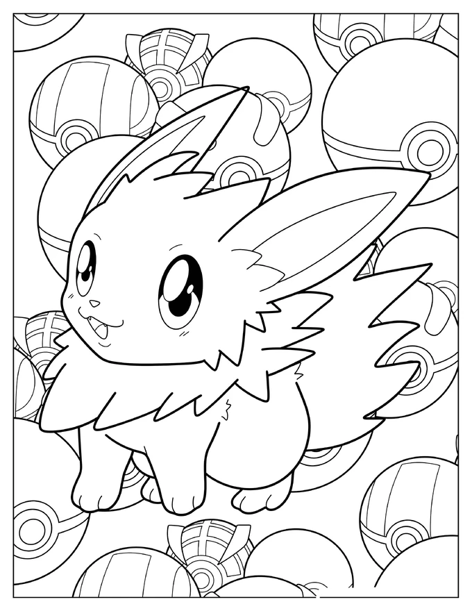 Cute Jolteon With Pokeballs In Background Coloring Page For Kids