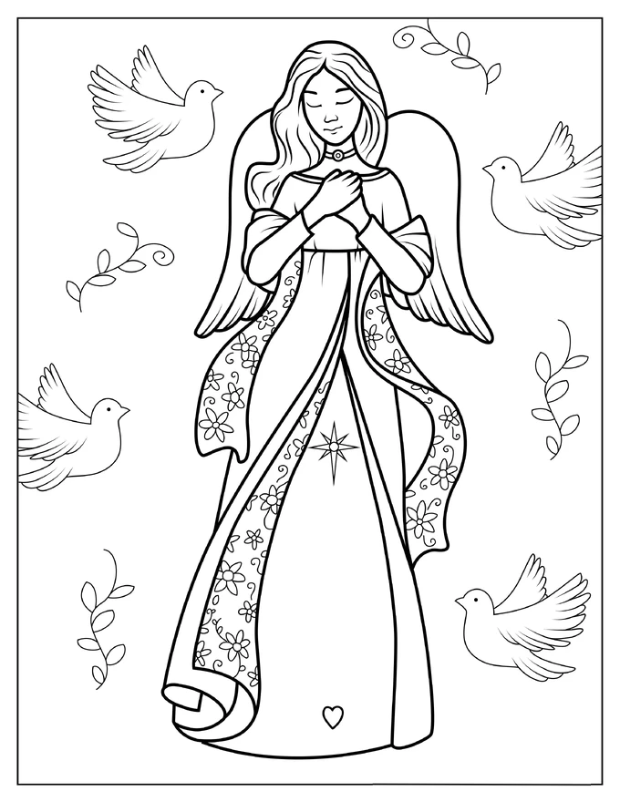 Divine Angel With Doves Coloring Page