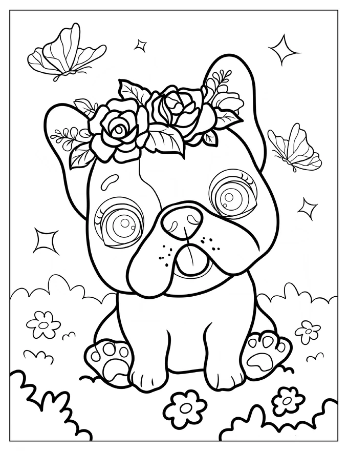 Kawaii French Bulldog Puppy With Flower Crown Coloring Page For Preschoolers