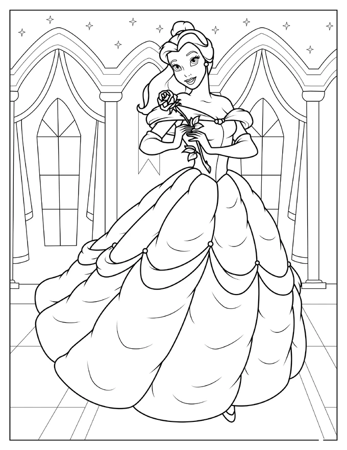 Detailed Coloring Page Of Belle Holding a Rose