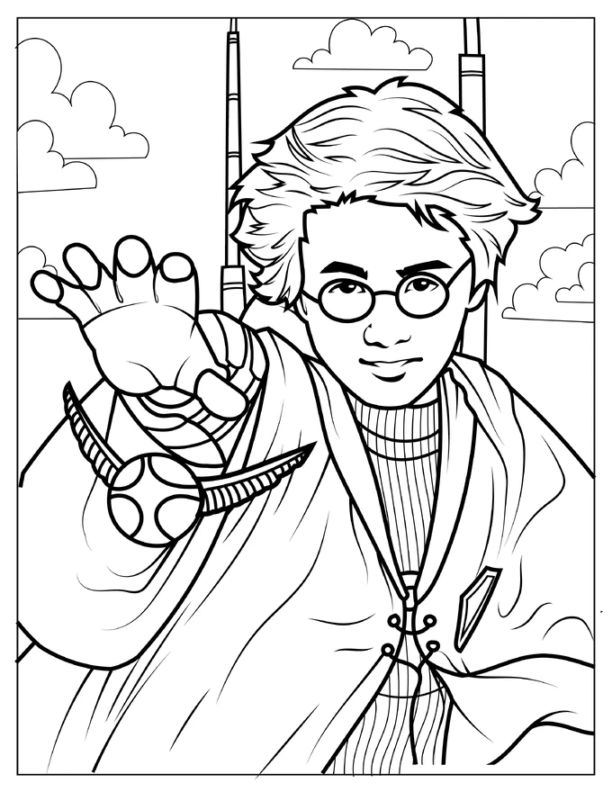 Young Harry Potter Catching The Golden Snitch Coloring Page