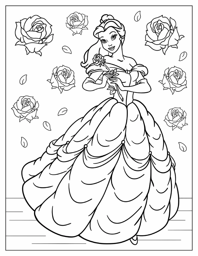 Coloring Sheet Of Belle Holding Rose