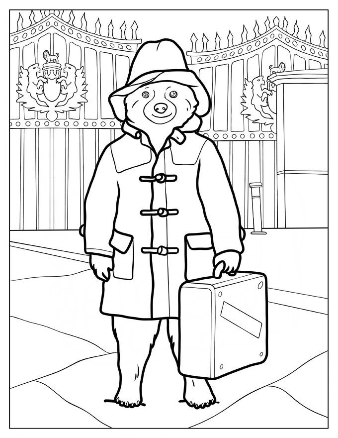 Paddington Bear Standing Outside Of Buckingham Palace Coloring Sheet