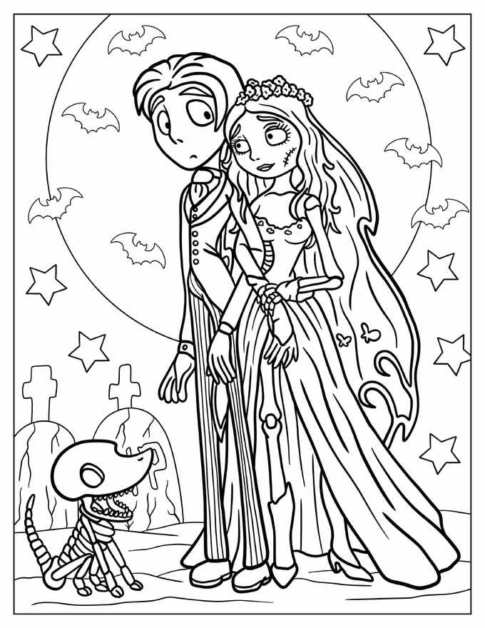 Victor, Emily, And Scrap At The Cemetery Coloring Sheet