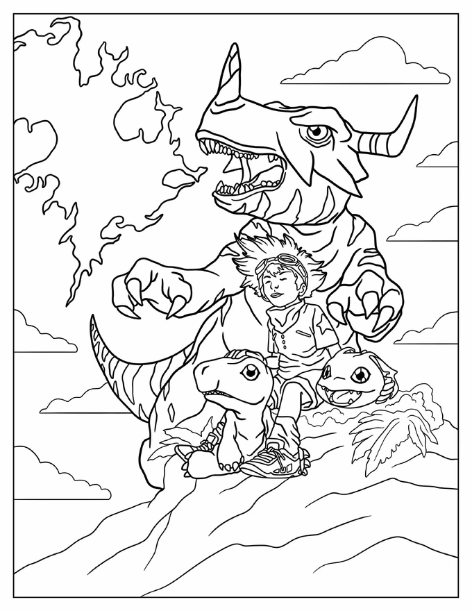 Tai Kamiya With Agumon, Greymon, And Koromon Coloring Page