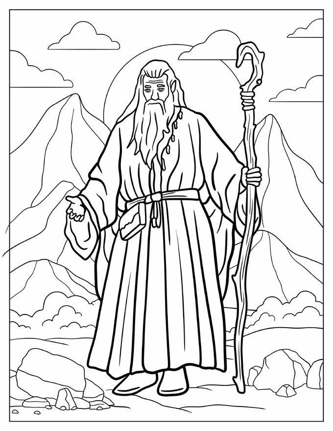 Realistic Wizard With Long Robes Standing In The Mountains Coloring Page