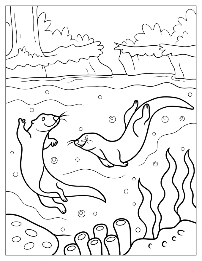 Cartoon Otters Swimming In River Coloring Page For Kids