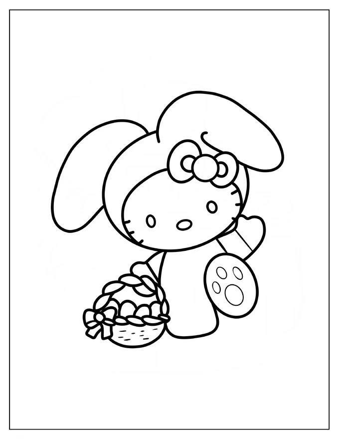 Easy Hello Kitty Walking With Basket Of Easter Eggs Coloring Sheet