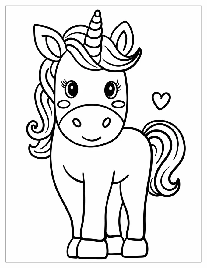 Easy Smiling Unicorn With A Love Heart Coloring Page For Kids