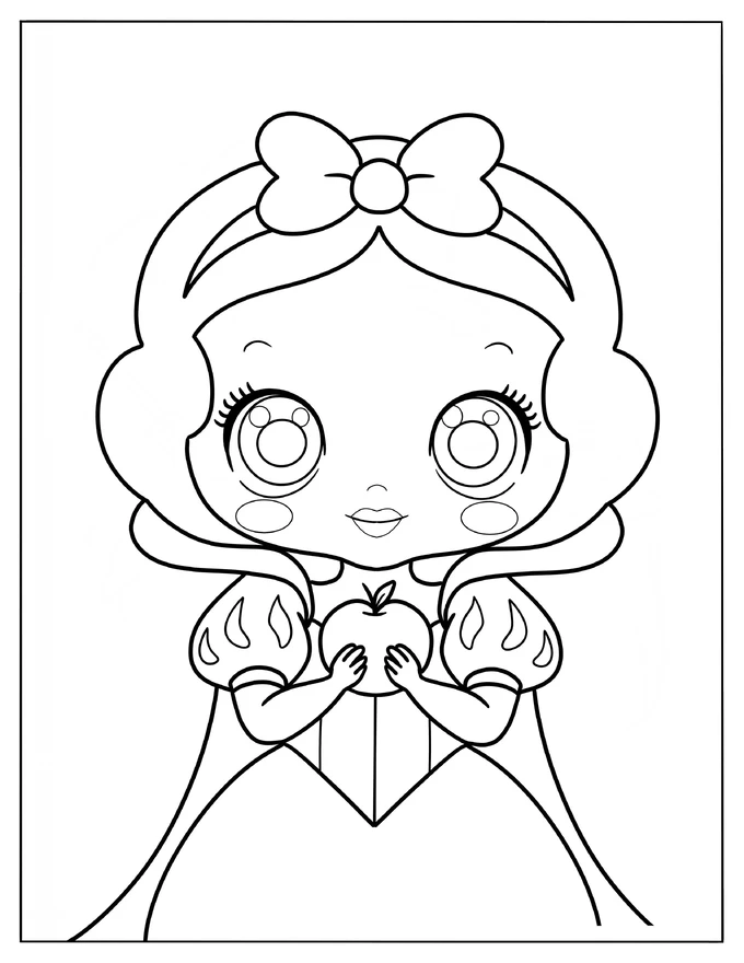 Easy Cute Snow White Holding An Apple Coloring Sheet For Preschoolers