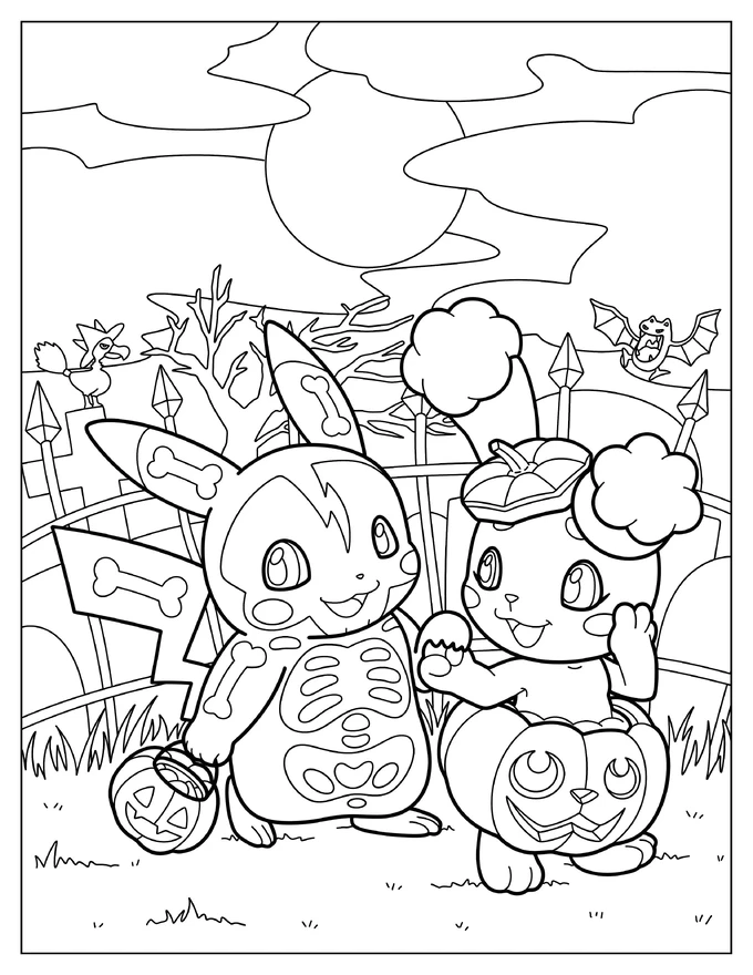 Pikachu And Buneary In Halloween Costumes Trick Or Treating Coloring Page For Kids