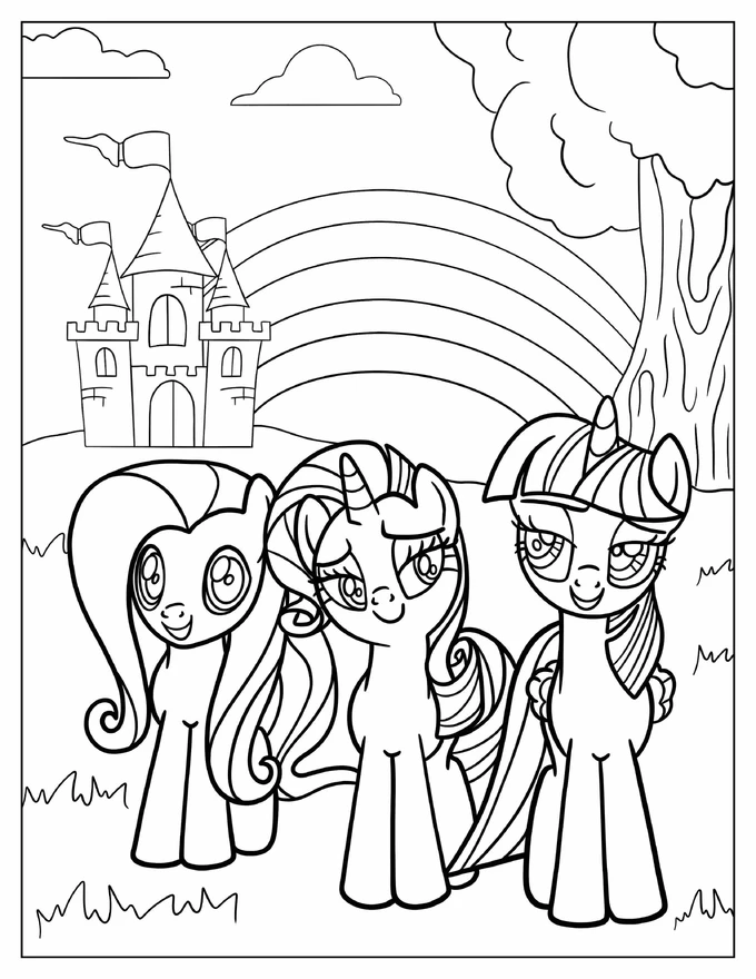 Smiling Fluttershy, Rarity, and Twilight Sparkle in Field