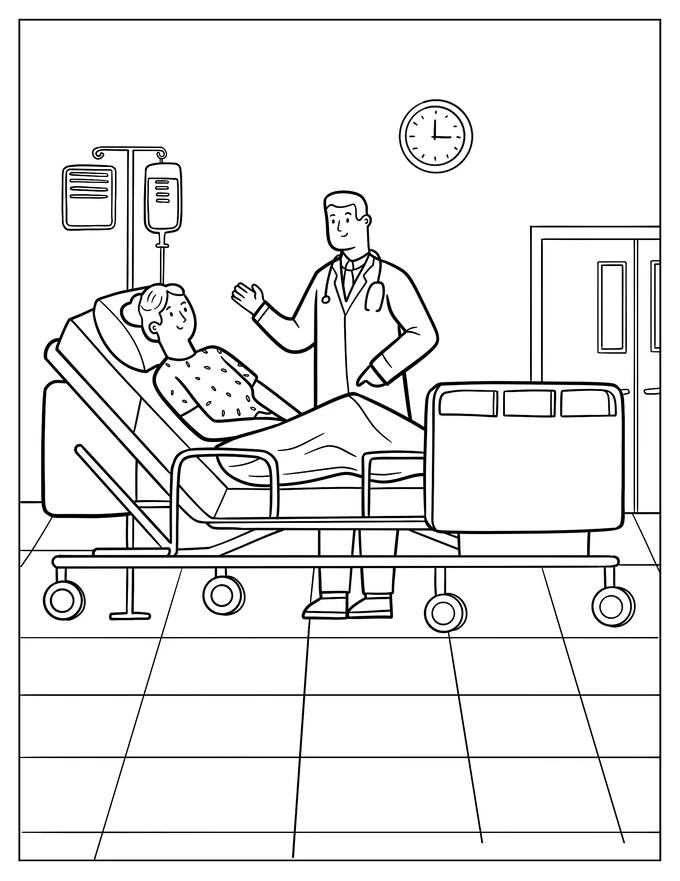 Doctor Checking A Patient In Bed Coloring Page