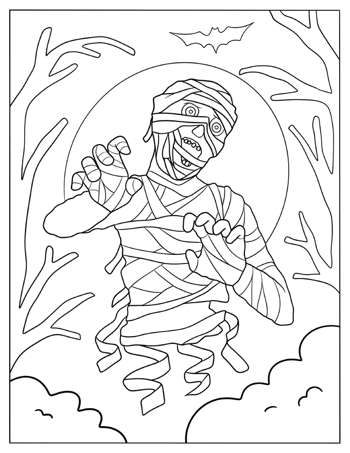 Halloween Mummy With Full Moon Coloring Sheet