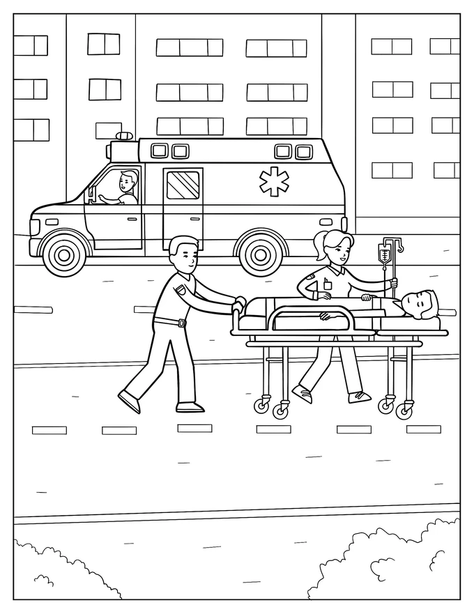 Ambulance Dropping Off Patient At Hospital Coloring Page For Kids