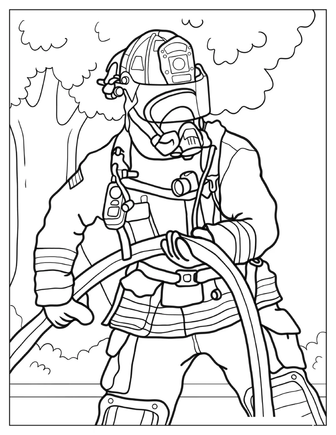 Coloring Page Of Firefighter In Full Gear