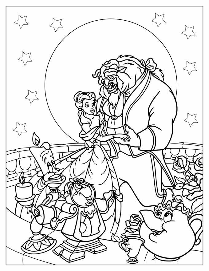 Coloring Sheet Of Beauty And The Beast In Balcony