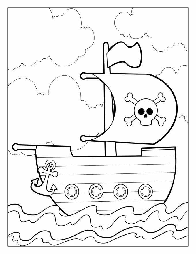 Simple Pirate Ship Coloring Page For Preschoolers