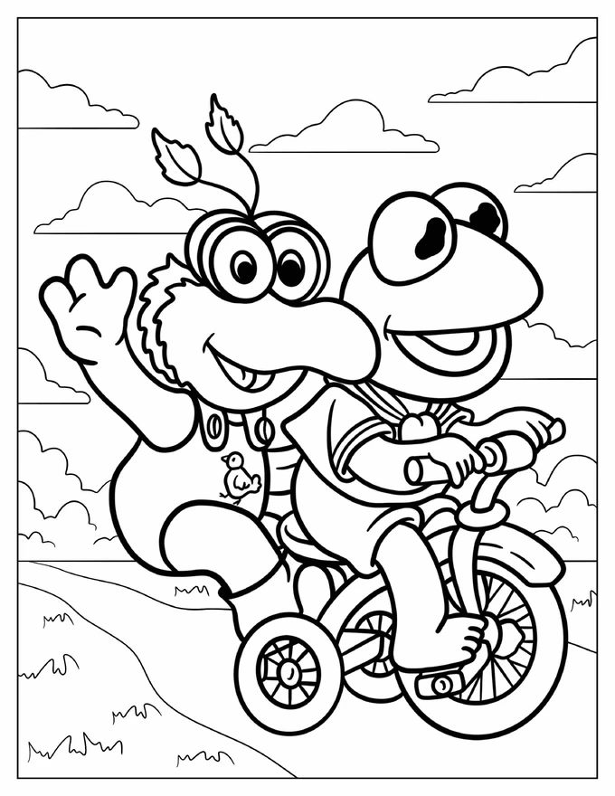 Muppet Baby Gonzo And Kermit Riding The Bicycle Coloring Page