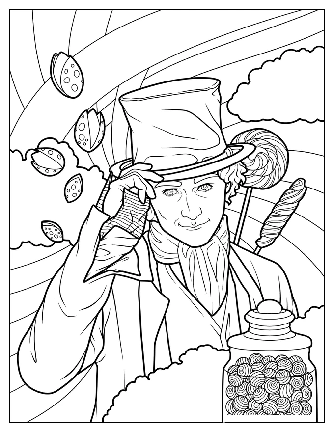 Realistic Willy Wonka Surrounded By Candies Coloring Page