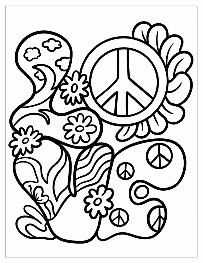 Love Word With Peace Sign And Flowers Coloring Page