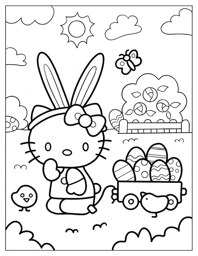 Hello Kitty Pulling Wheelbarrow Filled With Easter Eggs Coloring Page For Kids