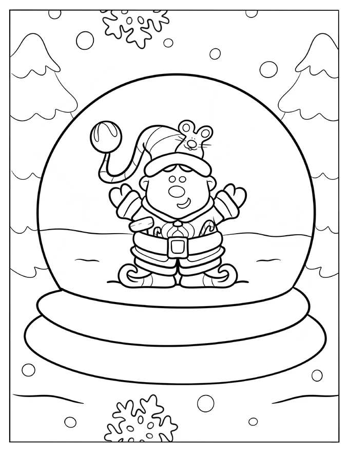 Cheerful Elf Snow Globe Coloring Page