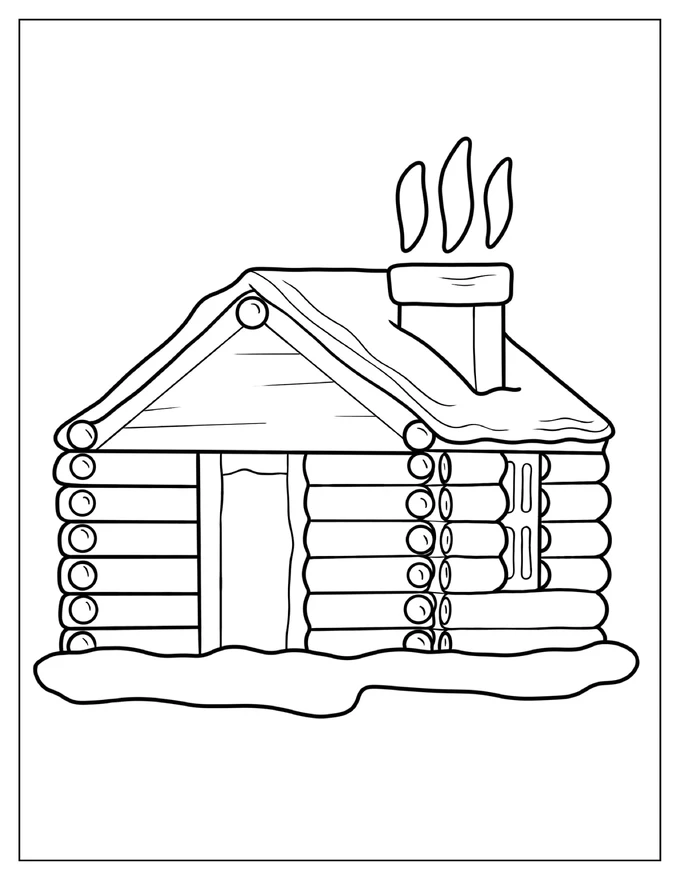 Easy Winter Cabin Outline Coloring Page