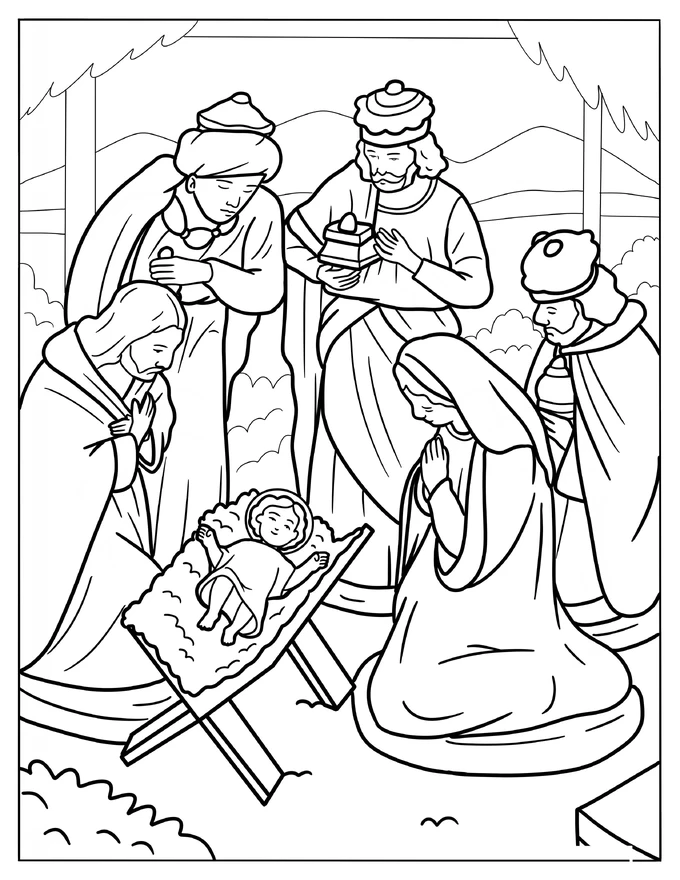 Realistic Wise Men With Joseph And Mary Watching Newborn Jesus