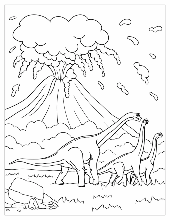 Three Brachiosaurus Running Away From Volcano